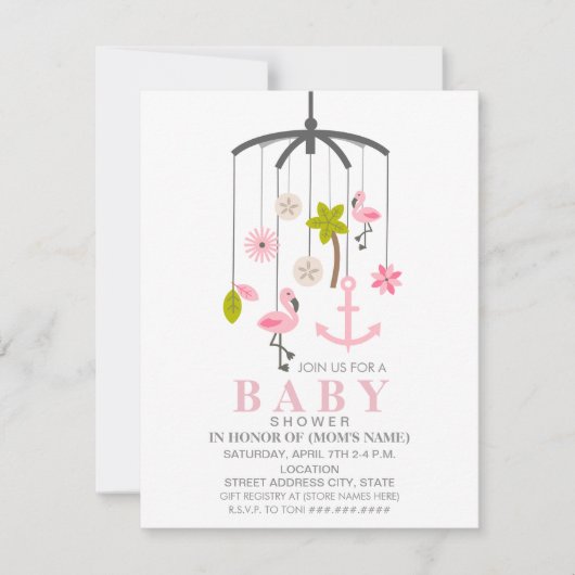 Invitation Baby shower moderne Flamant rose Mobile Girl (Devant)