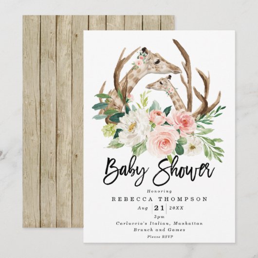 Invitation baby shower moderne floral rustique de girafes (Devant / Derrière)