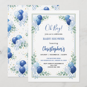 Invitation Baby Shower Moderne Garçon Ballon Bleu Eucalyptus