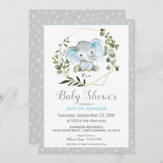 Invitation Baby shower moderne Grey Elephant (Devant / Derrière)