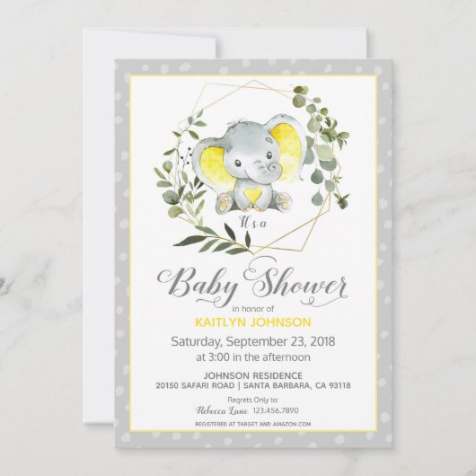 Invitation Baby shower moderne Grey Elephant (Devant)