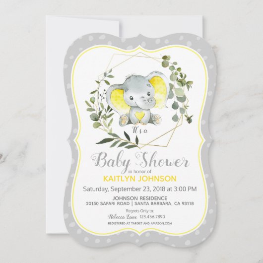 Invitation Baby shower moderne Grey Elephant (Devant)