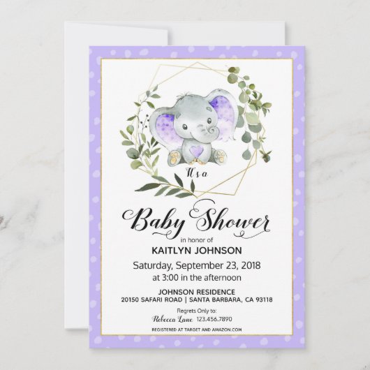 Invitation Baby shower moderne Lavender Elephant (Devant)