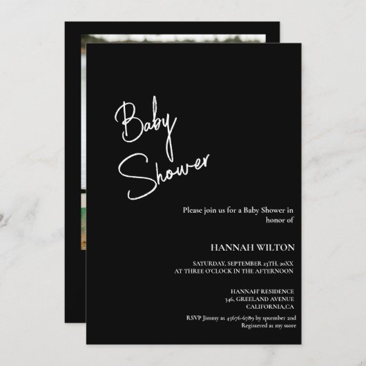 Invitation Baby shower moderne manuscrit noir et blanc (Devant / Derrière)