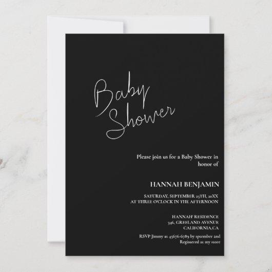 Invitation Baby shower moderne manuscrit noir et blanc (Devant)