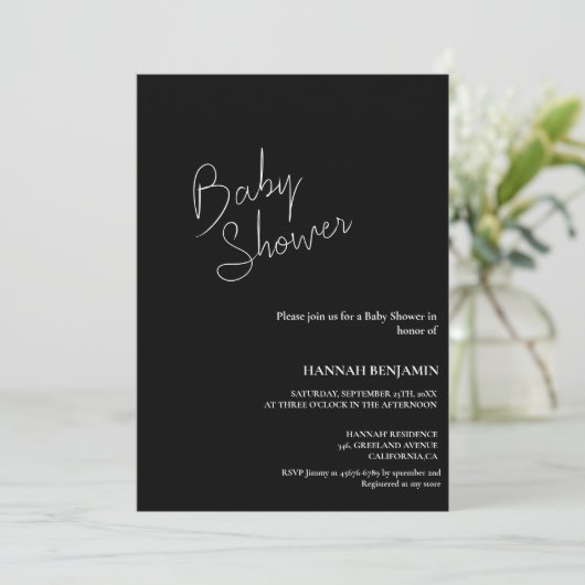 Invitation Baby shower moderne manuscrit noir et blanc (Debout devant)