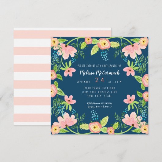 Invitation Baby shower Moderne Marine Rose Floral Aquarelle A (Devant / Derrière)