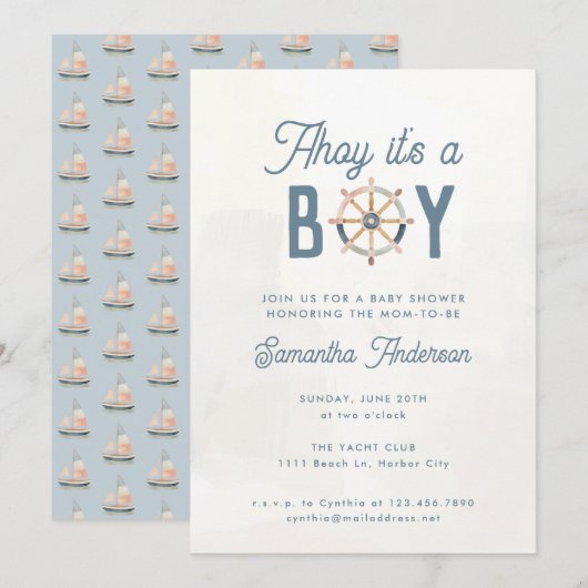 Invitation Baby shower moderne Nautical Blue Pastel Boy (Devant / Derrière)
