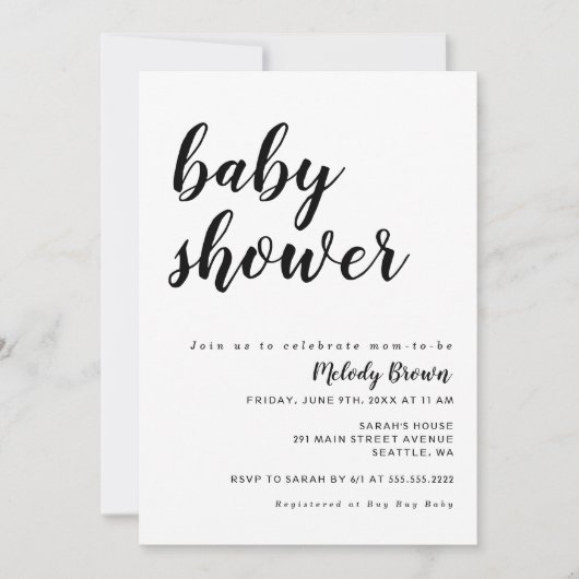 Invitation Baby shower moderne noir et blanc (Devant)
