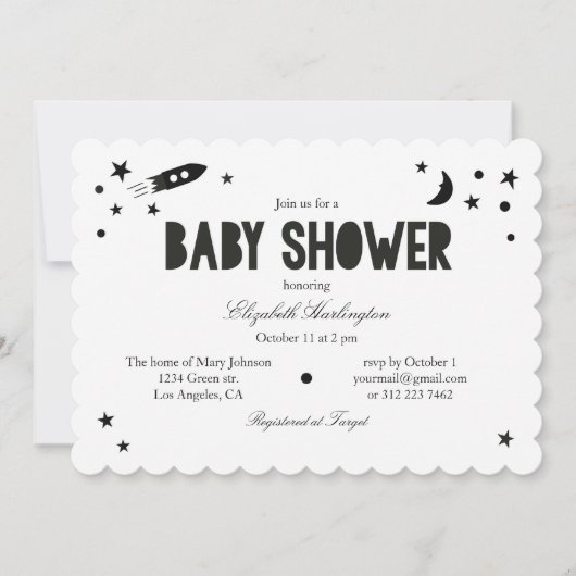 Invitation baby shower moderne. Noir et blanc (Devant)