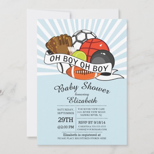 Invitation Baby shower moderne Oh Boy Sports Boys (Devant)
