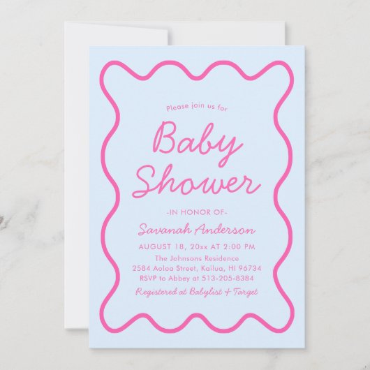 Invitation Baby shower moderne ondulé rétro bleu rose (Devant)