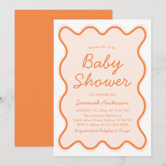 Invitation Baby shower moderne ondulé rétro Peach Fuzz (Devant / Derrière)
