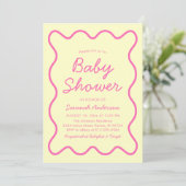 Invitation Baby shower moderne ondulé rétro rose jaune (Debout devant)