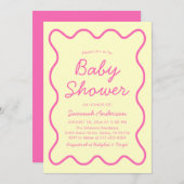 Invitation Baby shower moderne ondulé rétro rose jaune (Devant / Derrière)
