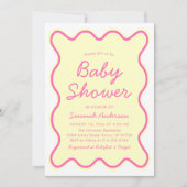 Invitation Baby shower moderne ondulé rétro rose jaune (Devant)