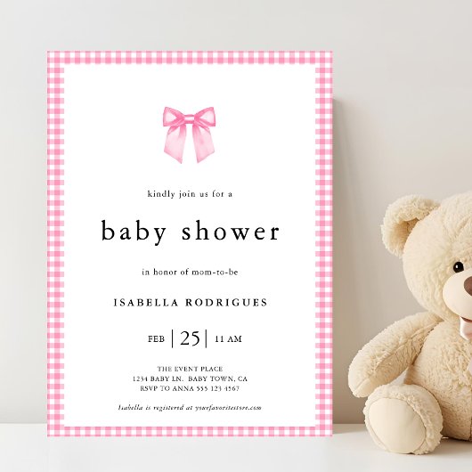 Invitation Baby shower moderne Pink Watercolor Bow En vichy