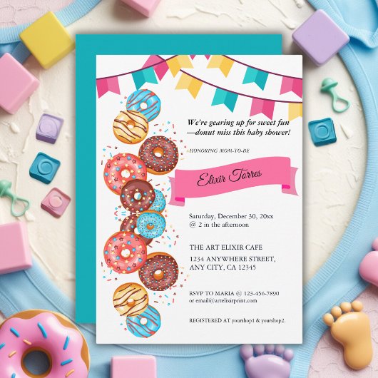 Invitation Baby shower moderne pour bébés Donut arroser