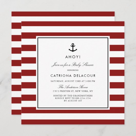 Invitation Baby shower moderne Red Nautical Stripes Invitatio (Devant / Derrière)