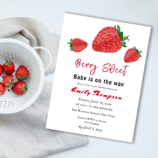 Invitation Baby shower moderne Red Strawberry Berry Sweet