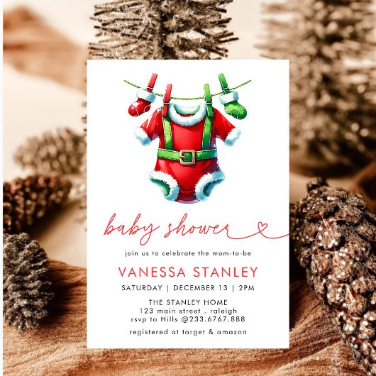 Invitation Baby shower moderne Red Winter Christmas Père Noël