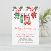 Invitation Baby shower moderne Red Winter Christmas Père Noël (Debout devant)