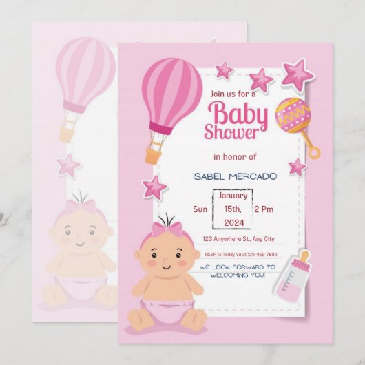 Invitation Baby shower moderne rose (Devant / Derrière)