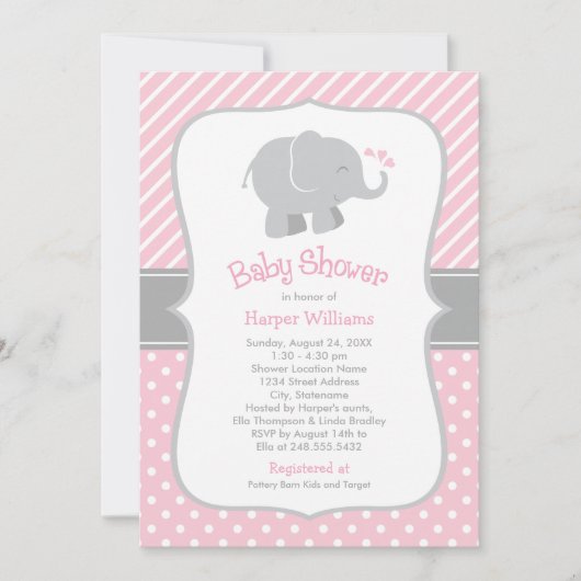 Invitation Baby shower moderne rose et gris éléphant fille (Devant)