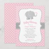 Invitation Baby shower moderne rose et gris éléphant fille (Devant / Derrière)