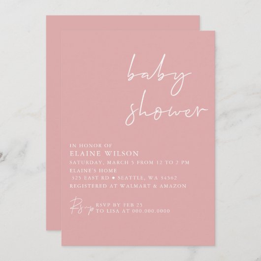 Invitation Baby shower moderne rose simple élégant (Devant / Derrière)