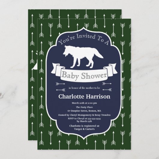 Invitation Baby shower moderne Rustique Green & Blue Wolf Flè (Devant / Derrière)