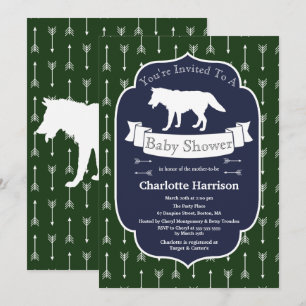 Invitation Baby shower moderne Rustique Green & Blue Wolf Flè