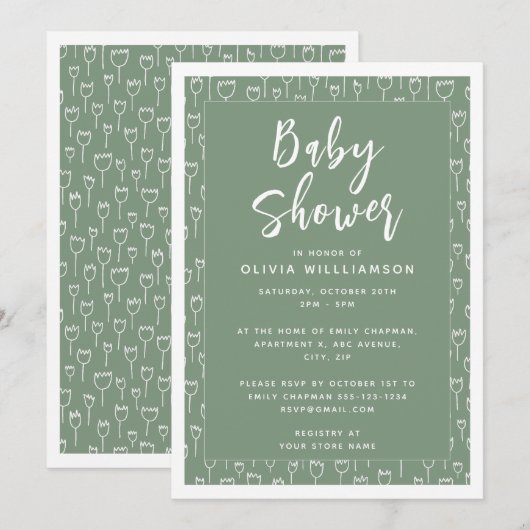 Invitation Baby shower moderne Sage Green Script (Devant / Derrière)