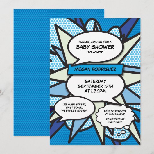 Invitation Baby shower moderne Saupoudrer Boy Blue Comic Book (Devant / Derrière)