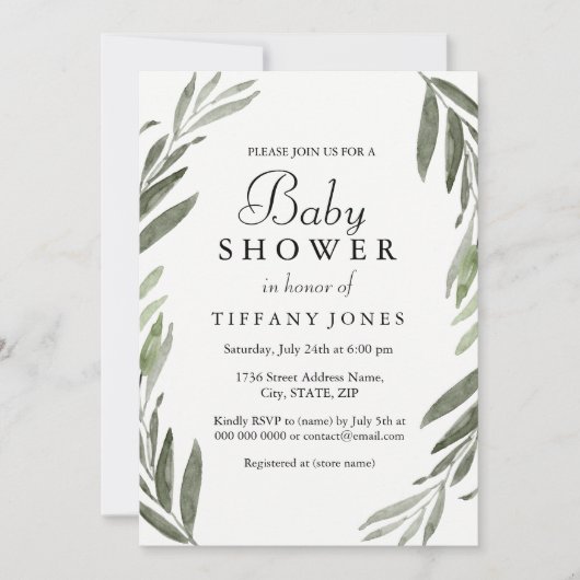 Invitation Baby shower moderne simple feuille verte Invitatio (Devant)