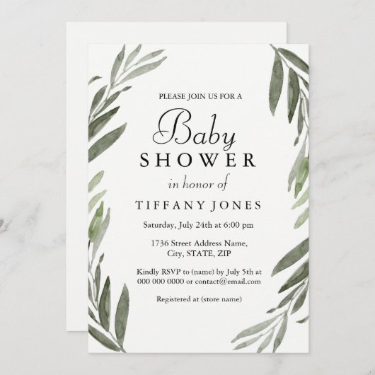 Invitation Baby shower moderne simple feuille verte Invitatio (Devant / Derrière)