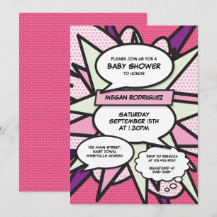 Invitation Baby shower moderne Sprinkle Girl Rose Comic Book