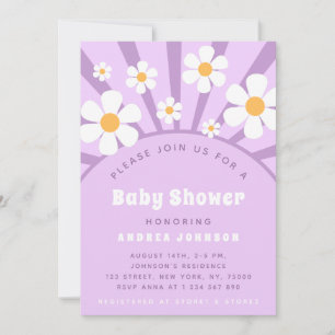 Invitation Baby shower moderne Super Retro Rose Purple Daisy