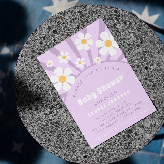 Invitation Baby shower moderne Super Retro Rose Purple Daisy