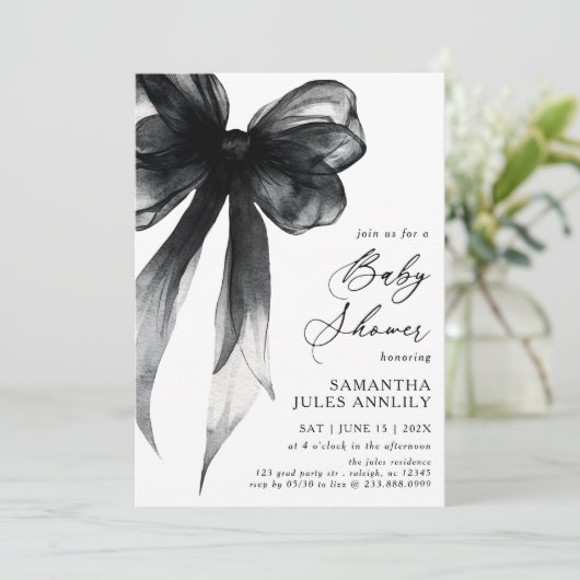 Invitation Baby shower moderne tendance Black Bow (Debout devant)
