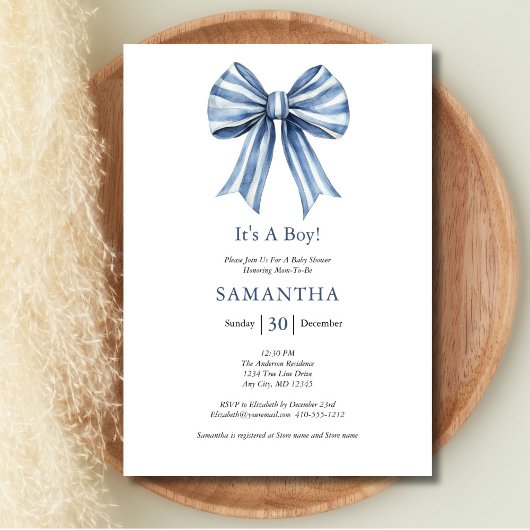 Invitation Baby shower moderne tendance Blue Bow Boy Boy