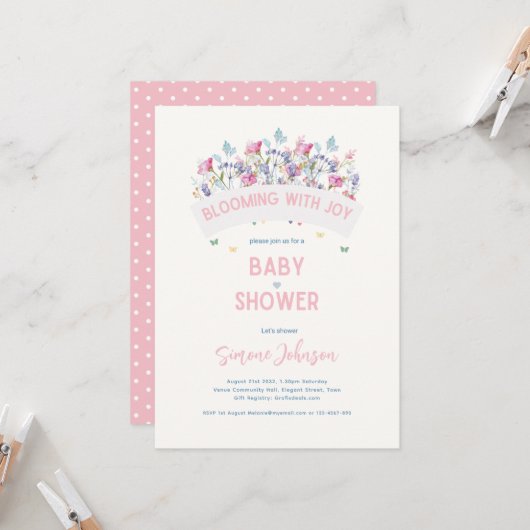 Invitation Baby shower moderne thème Fleurs sauvages filles  (Devant/Arrière en situation)
