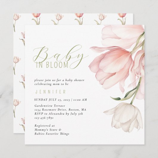Invitation Baby shower moderne Watercolor Tulip (Devant / Derrière)