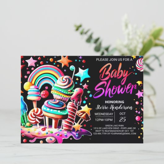 Invitation Baby shower modifiable Candy Oasis (Debout devant)