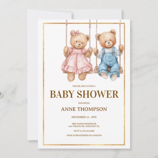 Invitation Baby shower modifiable - Ours en peluche mignon (Devant)