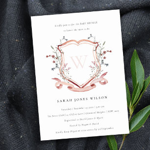 Invitation Baby shower Monogram Crest Fleur sauvage rose doux