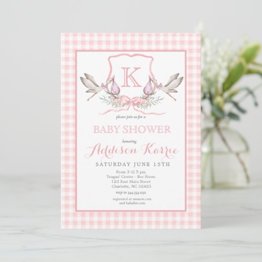 Invitation Baby shower Monogram Crest Stork (Debout devant)
