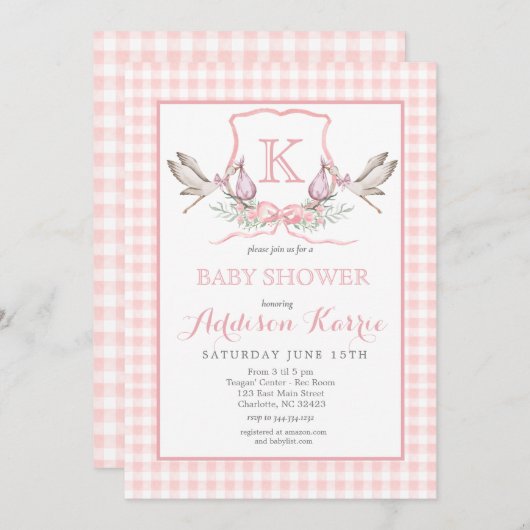 Invitation Baby shower Monogram Crest Stork (Devant / Derrière)
