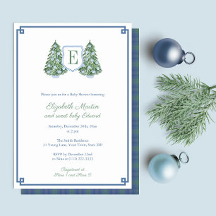Invitation Baby shower Monogramme d'arbre de Noël bleu blanc