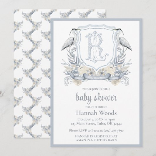 Invitation Baby Shower Monogramme de luxe Heron (Devant / Derrière)